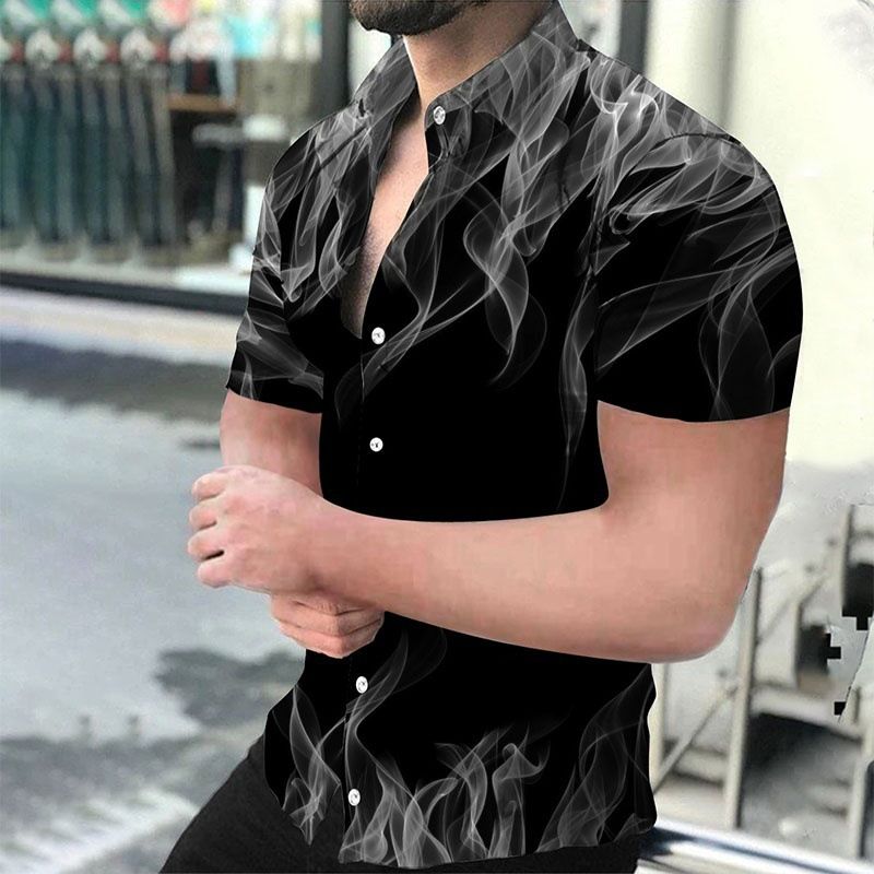 Premium Men's Casual Short Sleeve Shirt 3D Digital Flame Print Design Trendy European & American Style Fashion Personality Shirt for Men