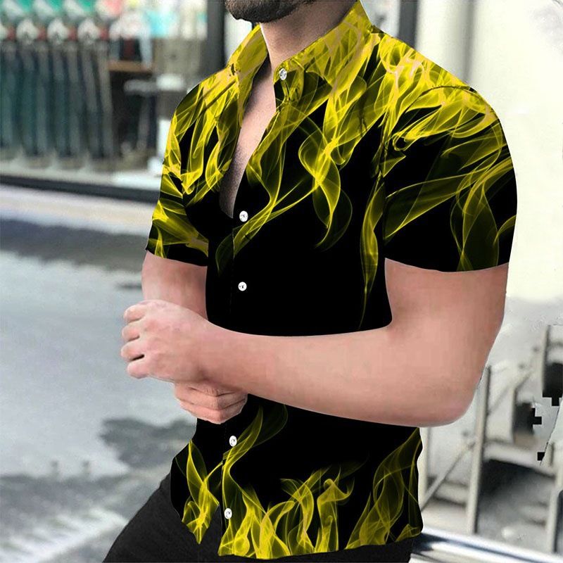 Premium Men's Casual Short Sleeve Shirt 3D Digital Flame Print Design Trendy European & American Style Fashion Personality Shirt for Men