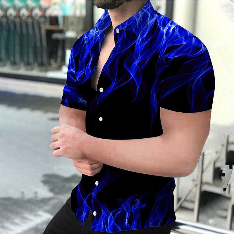 Premium Men's Casual Short Sleeve Shirt 3D Digital Flame Print Design Trendy European & American Style Fashion Personality Shirt for Men