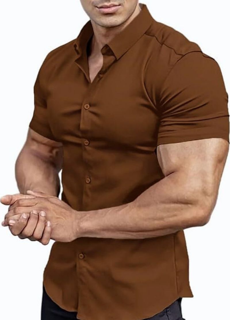 New Summer Men's Solid Color Short Sleeve Shirt Slim Fit Breathable Muscle-Fit Design Fashion Casual Tops for Men