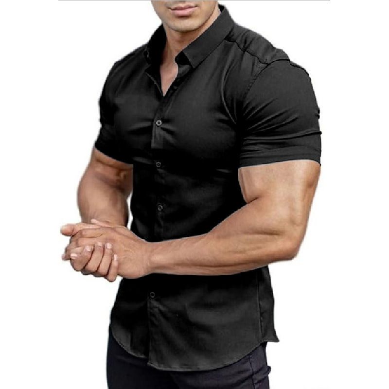 New Summer Men's Solid Color Short Sleeve Shirt Slim Fit Breathable Muscle-Fit Design Fashion Casual Tops for Men