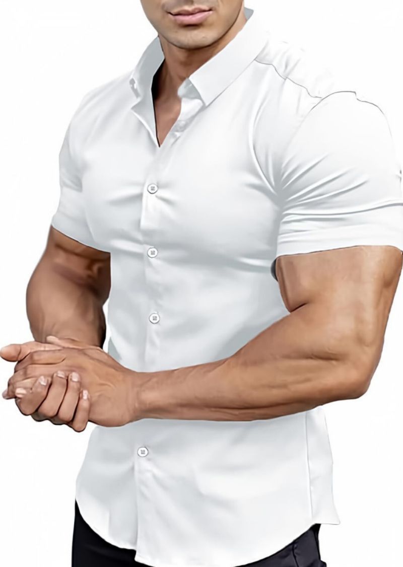 New Summer Men's Solid Color Short Sleeve Shirt Slim Fit Breathable Muscle-Fit Design Fashion Casual Tops for Men