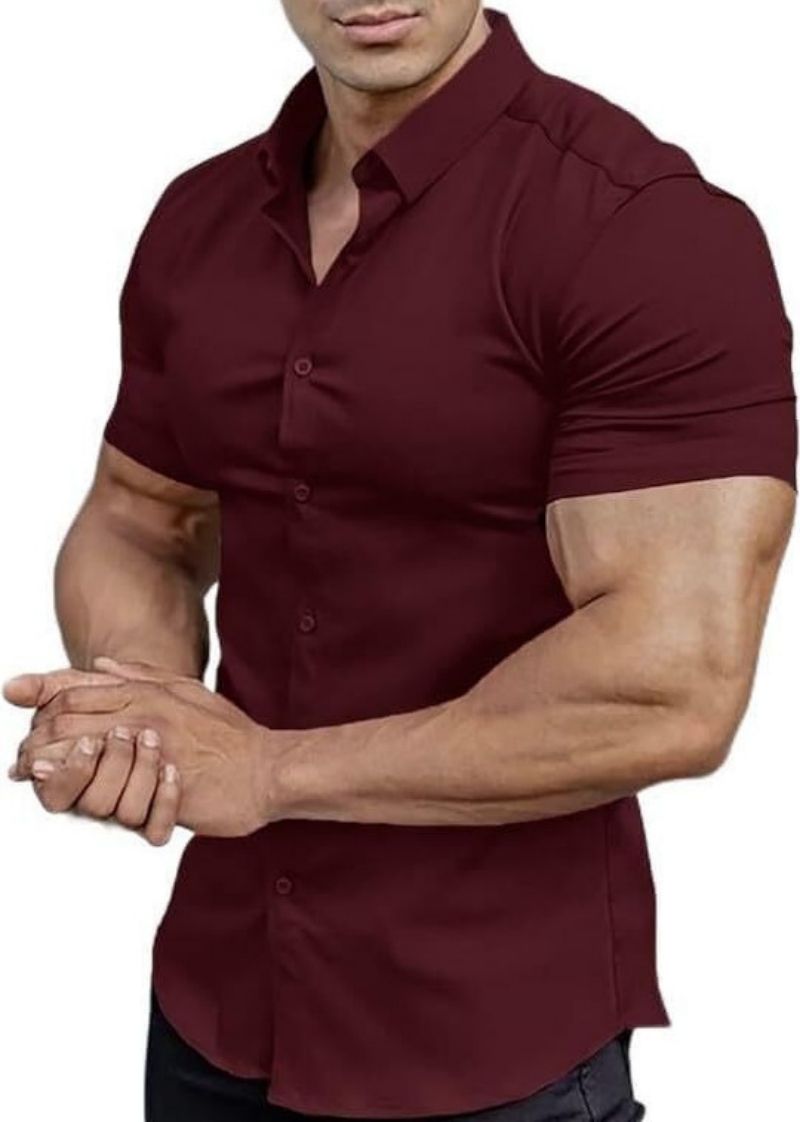 New Summer Men's Solid Color Short Sleeve Shirt Slim Fit Breathable Muscle-Fit Design Fashion Casual Tops for Men