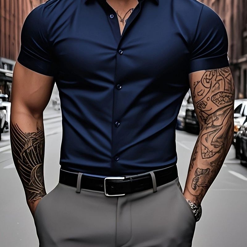 New Summer Men's Solid Color Short Sleeve Shirt Slim Fit Breathable Muscle-Fit Design Fashion Casual Tops for Men
