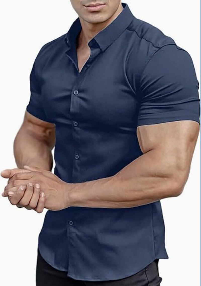 New Summer Men's Solid Color Short Sleeve Shirt Slim Fit Breathable Muscle-Fit Design Fashion Casual Tops for Men
