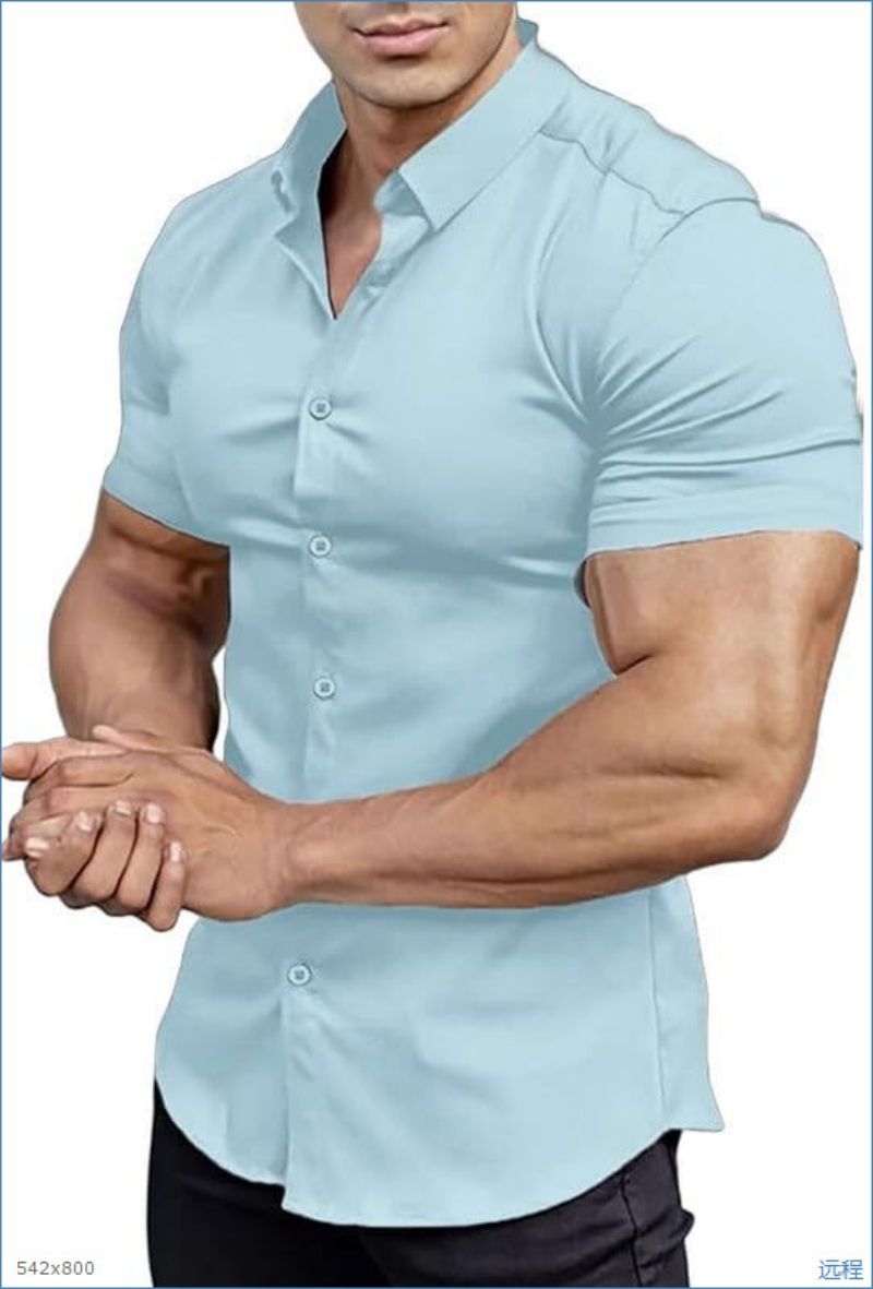 New Summer Men's Solid Color Short Sleeve Shirt Slim Fit Breathable Muscle-Fit Design Fashion Casual Tops for Men
