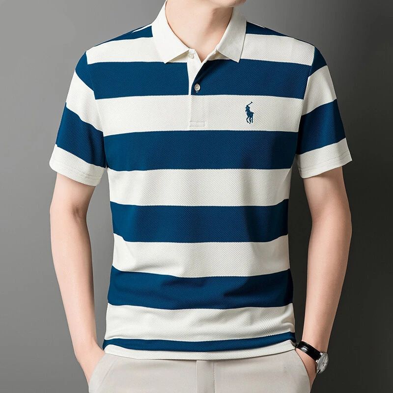 Premium Fashion Summer Striped Short Sleeve Shirt for Men Trendy Casual Lapel Collar Embroidered T-Shirt Stylish Versatile All-Match Tops