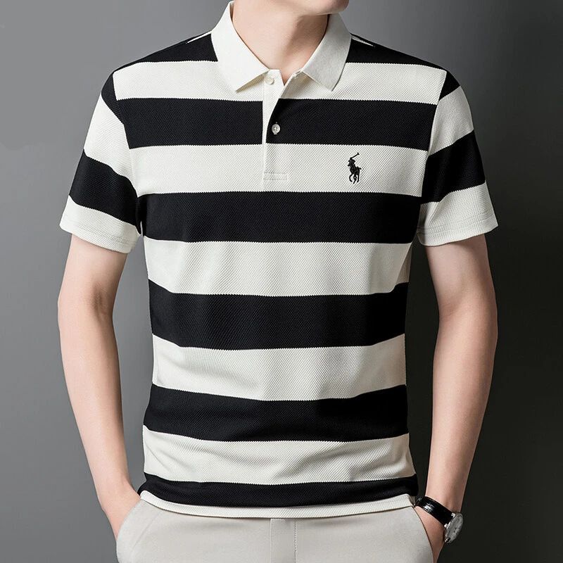 Premium Fashion Summer Striped Short Sleeve Shirt for Men Trendy Casual Lapel Collar Embroidered T-Shirt Stylish Versatile All-Match Tops