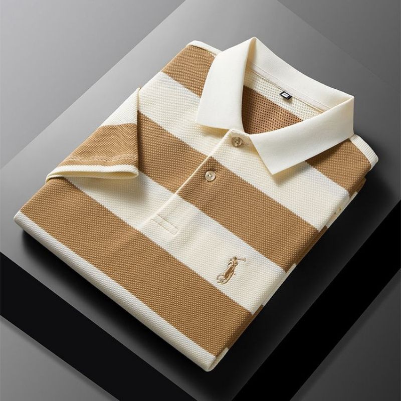 Premium Fashion Summer Striped Short Sleeve Shirt for Men Trendy Casual Lapel Collar Embroidered T-Shirt Stylish Versatile All-Match Tops