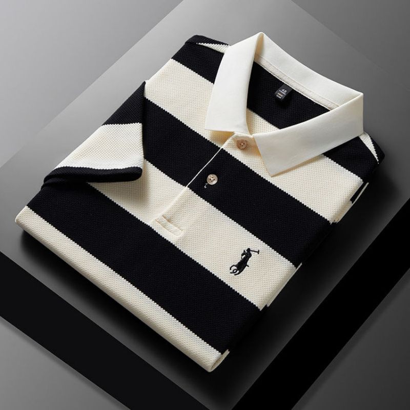 Premium Fashion Summer Striped Short Sleeve Shirt for Men Trendy Casual Lapel Collar Embroidered T-Shirt Stylish Versatile All-Match Tops