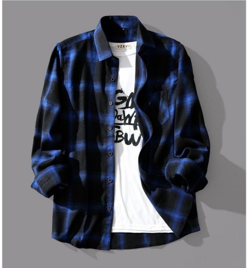 Premium Fashion Black & White Plaid Long Sleeve Shirt for Men Unique Niche Design Vintage Loose Blouse Versatile Casual Outerwear Tops