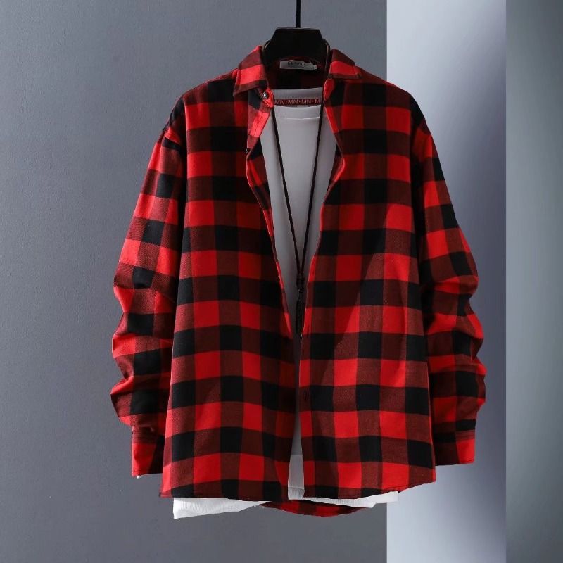 Premium Fashion Black & White Plaid Long Sleeve Shirt for Men Unique Niche Design Vintage Loose Blouse Versatile Casual Outerwear Tops
