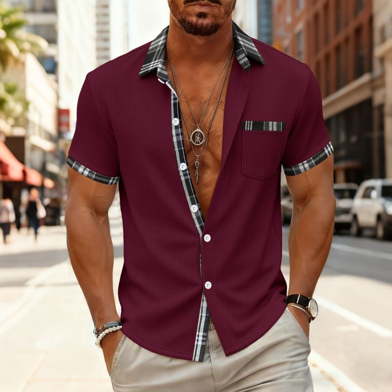 Premium Fashion Men's Waffle Check Paneled Short Sleeve Shirt Summer Casual Contrast Color Button-Up Top Trendy Stylish Men's Wear