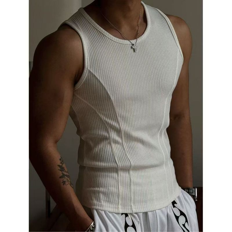 American Style Color Block Racerback Tank Top for Men Summer Slim Fit Fitness Vest Thick Ribbed High-Stretch Sweat-Absorbent Breathable Athletic Top