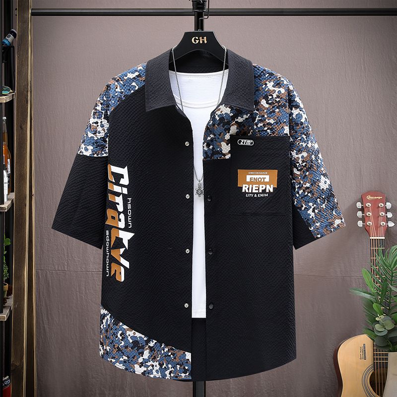 Premium Men's Color Block Patchwork Cargo Shirt Summer Trendy Brand Ice Silk Short Sleeve Shirt Lightweight Loose Casual Button Down Shirt for Men