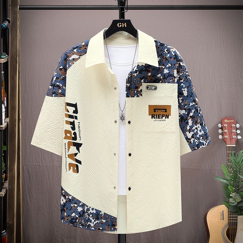 Premium Men's Color Block Patchwork Cargo Shirt Summer Trendy Brand Ice Silk Short Sleeve Shirt Lightweight Loose Casual Button Down Shirt for Men