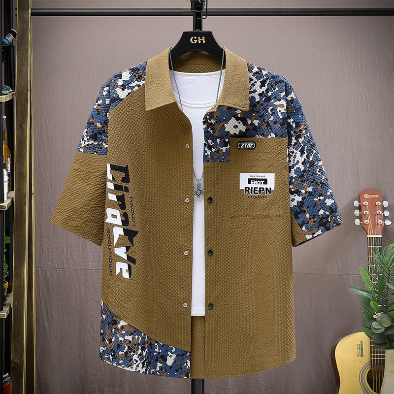 Premium Men's Color Block Patchwork Cargo Shirt Summer Trendy Brand Ice Silk Short Sleeve Shirt Lightweight Loose Casual Button Down Shirt for Men