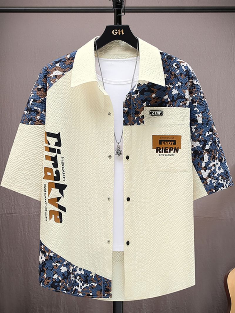 Premium Men's Color Block Patchwork Cargo Shirt Summer Trendy Brand Ice Silk Short Sleeve Shirt Lightweight Loose Casual Button Down Shirt for Men