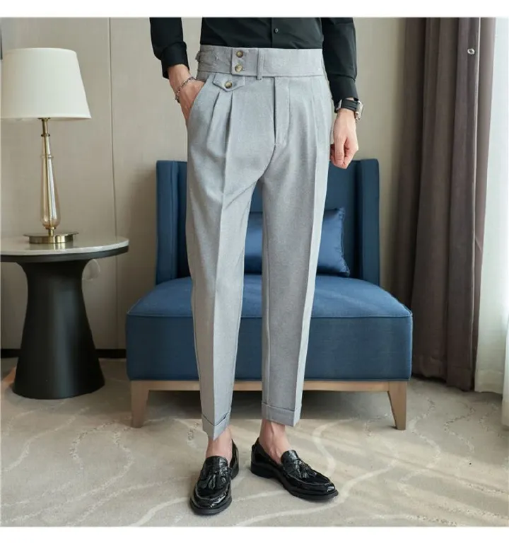 Premium Naples Style High Waist Straight Leg Casual Pants Trendy Men's Suit Trousers with Excellent Drape & Light Luxury Texture
