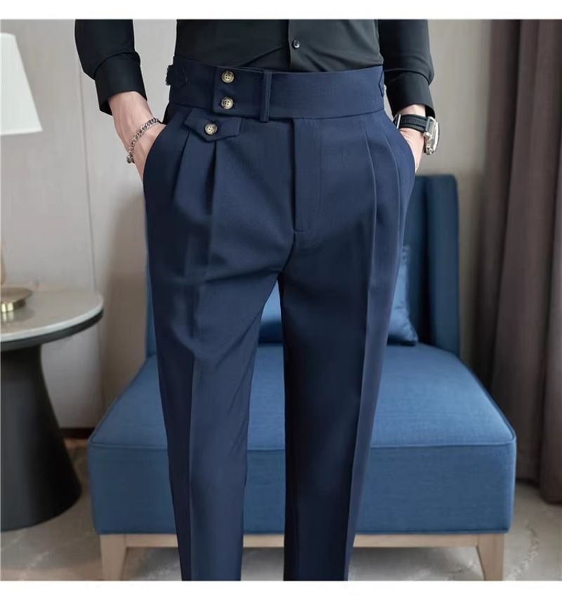 Premium Naples Style High Waist Straight Leg Casual Pants Trendy Men's Suit Trousers with Excellent Drape & Light Luxury Texture