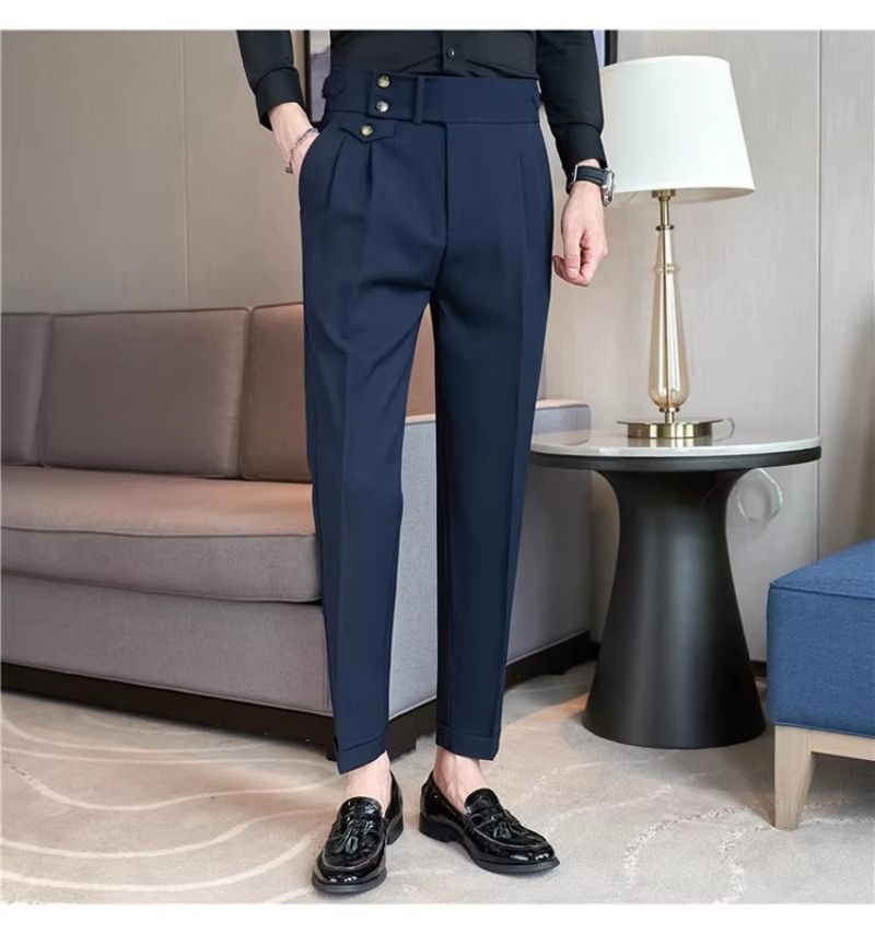 Premium Naples Style High Waist Straight Leg Casual Pants Trendy Men's Suit Trousers with Excellent Drape & Light Luxury Texture