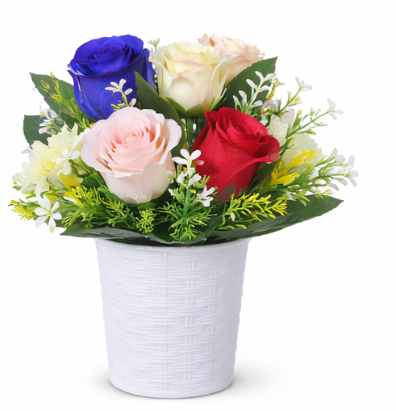 1 PC  Artificial Mixed Flower Arrangement in Decorative Pot Carefully designed with lifelike roses and blossoms. Comes With The Pot- RANDOM COLOR DISPATCH
