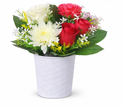 1 PC  Artificial Mixed Flower Arrangement in Decorative Pot Carefully designed with lifelike roses and blossoms. Comes With The Pot- RANDOM COLOR DISPATCH