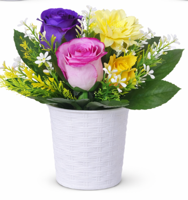 1 PC  Artificial Mixed Flower Arrangement in Decorative Pot Carefully designed with lifelike roses and blossoms. Comes With The Pot- RANDOM COLOR DISPATCH