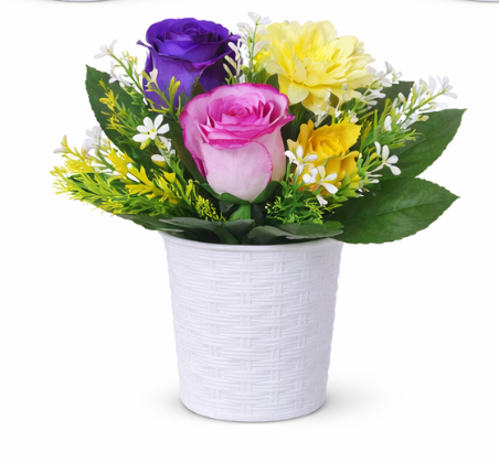 1 PC  Artificial Mixed Flower Arrangement in Decorative Pot Carefully designed with lifelike roses and blossoms. Comes With The Pot- RANDOM COLOR DISPATCH