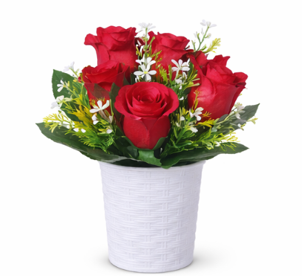 1 PC  Artificial Mixed Flower Arrangement in Decorative Pot Carefully designed with lifelike roses and blossoms. Comes With The Pot- RANDOM COLOR DISPATCH