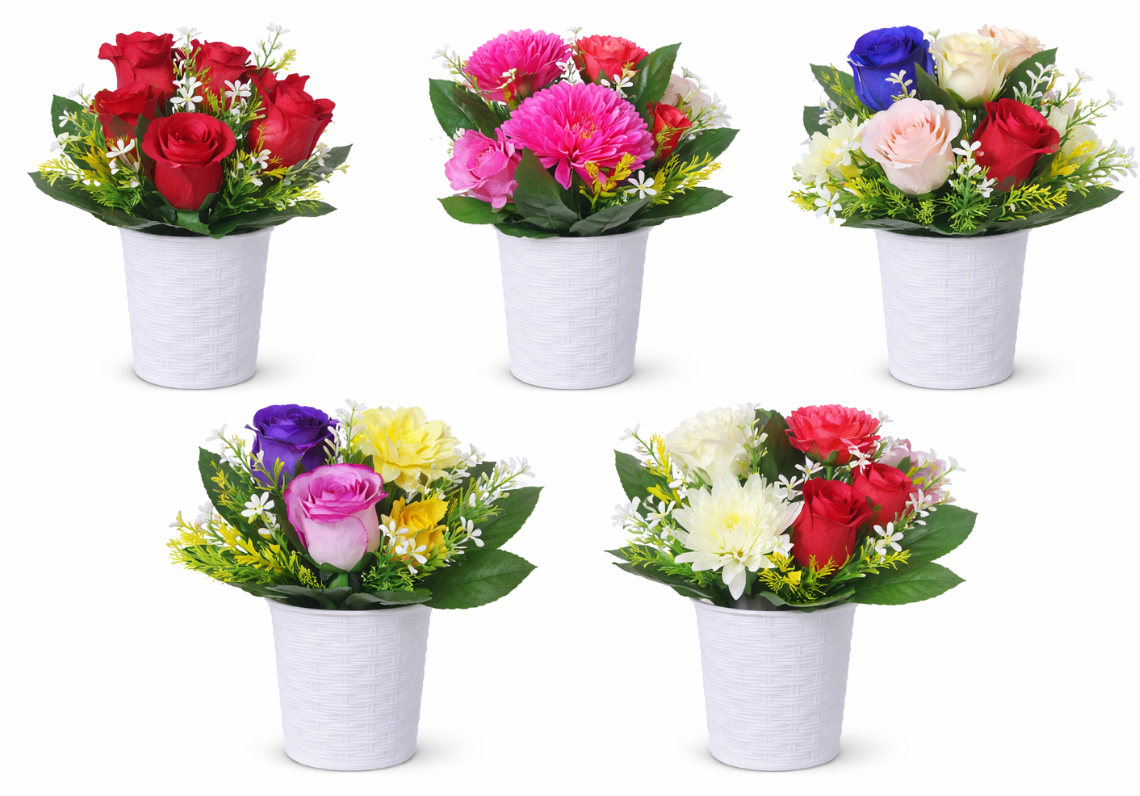 1 PC  Artificial Mixed Flower Arrangement in Decorative Pot Carefully designed with lifelike roses and blossoms. Comes With The Pot- RANDOM COLOR DISPATCH