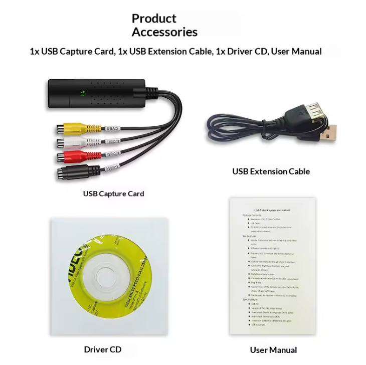 USB 2.0 Video Capture Card with S-Video & RCA | Convert VHS/VCR/DVD to Digital | Audio Video Grabber | Windows & Mac Compatible