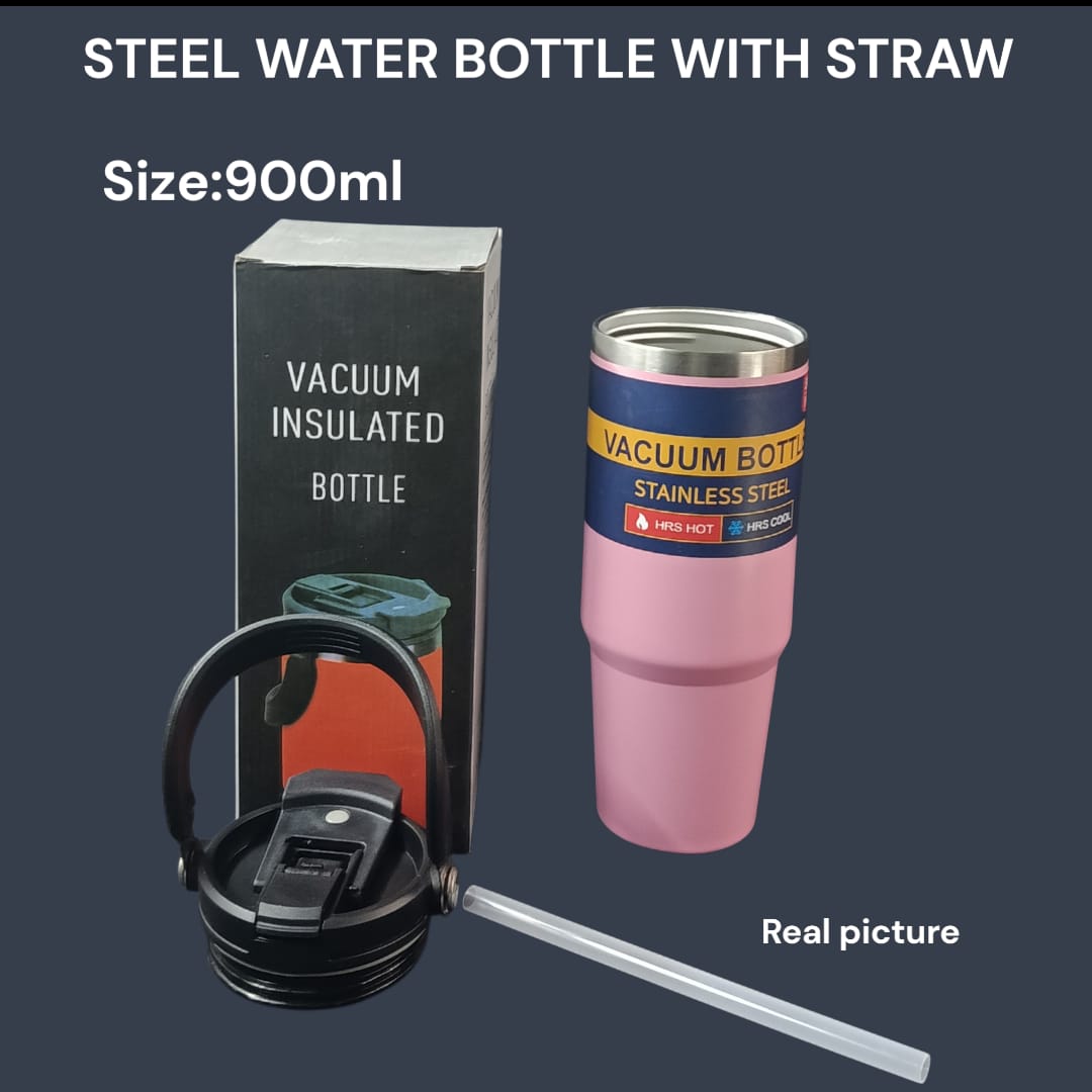 Steel Water Bottle with Straw & Handle – 900ML 🚰