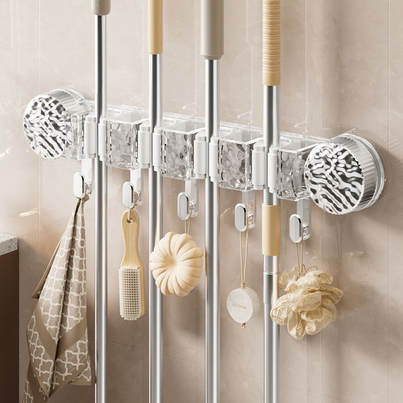 4-Holes Multi-Purpose Hooks Mop Hanger / Rack with  Hanging Hooks & Self adhesive Stickers