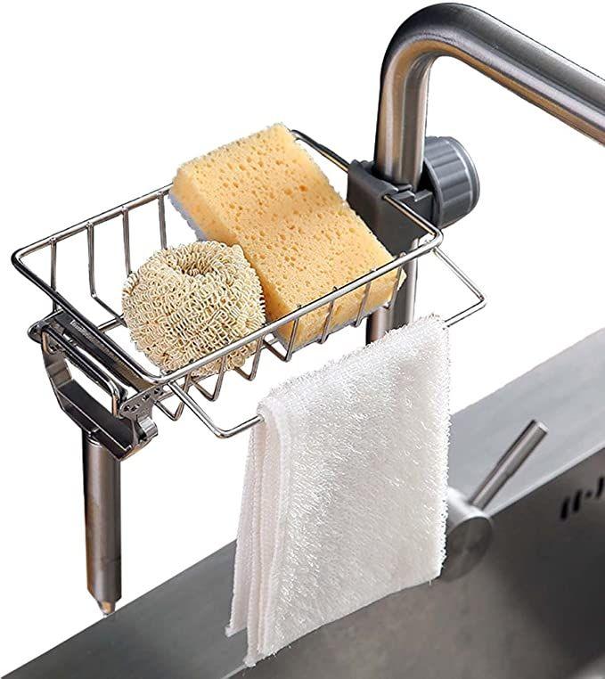 2 in 1  Adjustable Kitchen Stainless Steel Sink Drain Rack Soap/ Sponge Storage +Kitchen Towel Holder Sink Tidy Faucet Holder Soap Dish Drainer/ Dish Cloth Hanger for Bathroom, Kitchen, Sink Organizer
