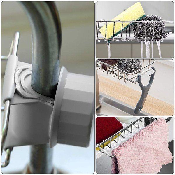 2 in 1  Adjustable Kitchen Stainless Steel Sink Drain Rack Soap/ Sponge Storage +Kitchen Towel Holder Sink Tidy Faucet Holder Soap Dish Drainer/ Dish Cloth Hanger for Bathroom, Kitchen, Sink Organizer