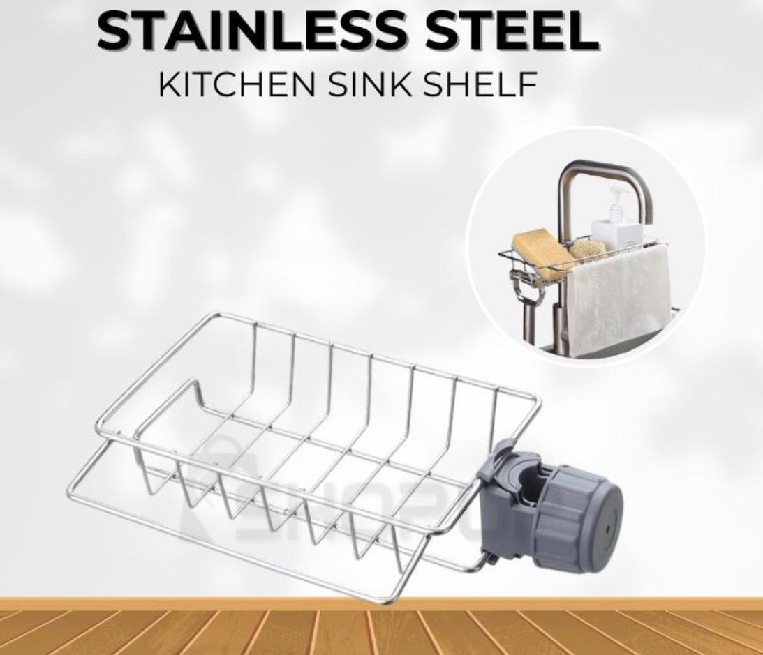 2 in 1  Adjustable Kitchen Stainless Steel Sink Drain Rack Soap/ Sponge Storage +Kitchen Towel Holder Sink Tidy Faucet Holder Soap Dish Drainer/ Dish Cloth Hanger for Bathroom, Kitchen, Sink Organizer