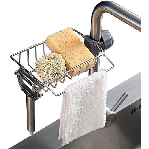 2 in 1  Adjustable Kitchen Stainless Steel Sink Drain Rack Soap/ Sponge Storage +Kitchen Towel Holder Sink Tidy Faucet Holder Soap Dish Drainer/ Dish Cloth Hanger for Bathroom, Kitchen, Sink Organizer