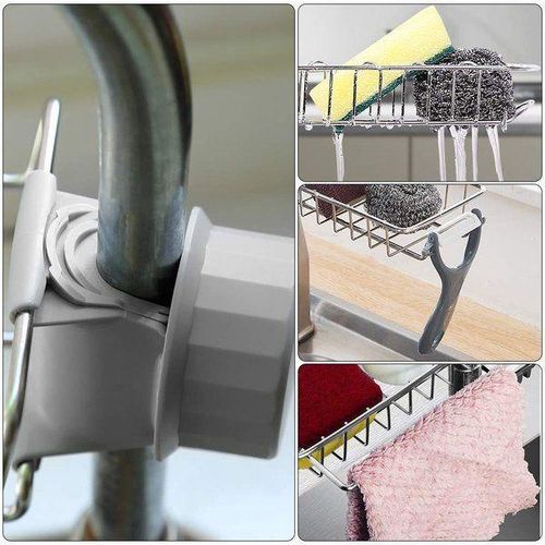 2 in 1  Adjustable Kitchen Stainless Steel Sink Drain Rack Soap/ Sponge Storage +Kitchen Towel Holder Sink Tidy Faucet Holder Soap Dish Drainer/ Dish Cloth Hanger for Bathroom, Kitchen, Sink Organizer