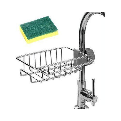 2 in 1  Adjustable Kitchen Stainless Steel Sink Drain Rack Soap/ Sponge Storage +Kitchen Towel Holder Sink Tidy Faucet Holder Soap Dish Drainer/ Dish Cloth Hanger for Bathroom, Kitchen, Sink Organizer