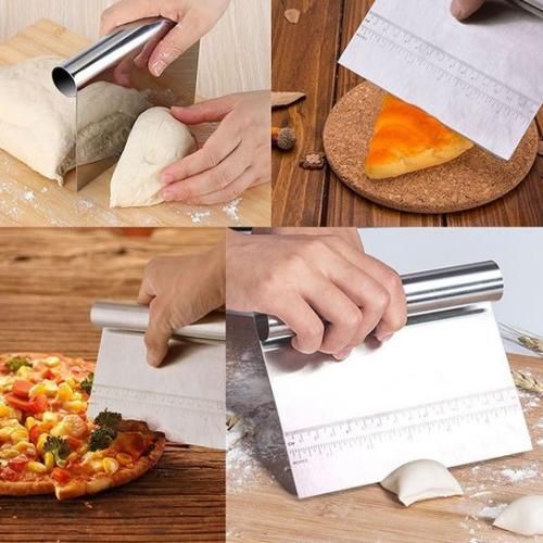 Pro Dough Pastry Scraper Cutter/ Chopper Stainless Steel Mirror Polished with Measuring Scale Multipurpose Baking Tool - Cake Smoother/Scraper, Pizza Cutter, Pastry Bread Separator Scale Knife