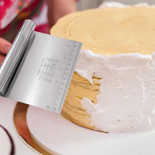 Pro Dough Pastry Scraper Cutter/ Chopper Stainless Steel Mirror Polished with Measuring Scale Multipurpose Baking Tool - Cake Smoother/Scraper, Pizza Cutter, Pastry Bread Separator Scale Knife