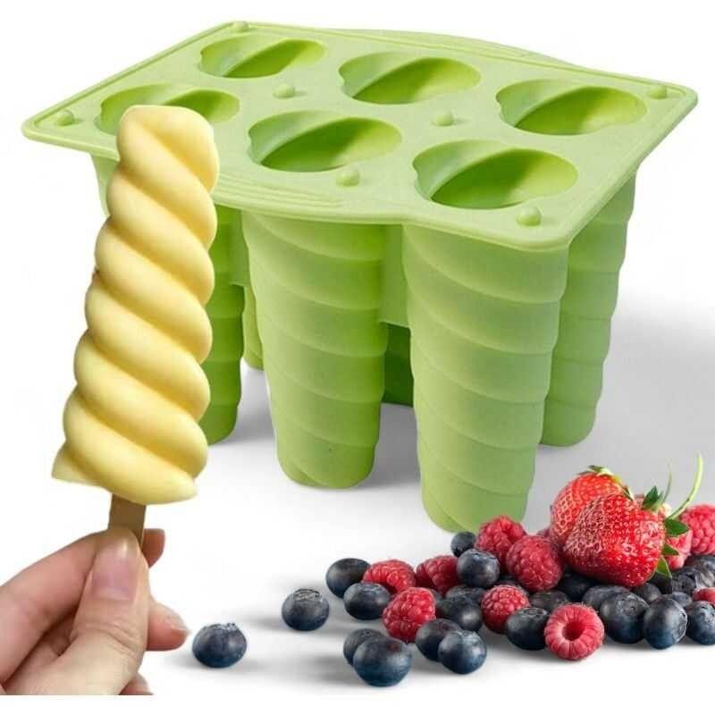 6 in 1 Silicone Ice Popsicle Mold + FREE 50PCs Ice Cream Wooden Sticks, Reusable Ice Cream Molds Cute Fruit Popsicle Candy Maker Ice Popsicle Maker Ice Cream Maker Homemade & Commercial Use, BPA Free