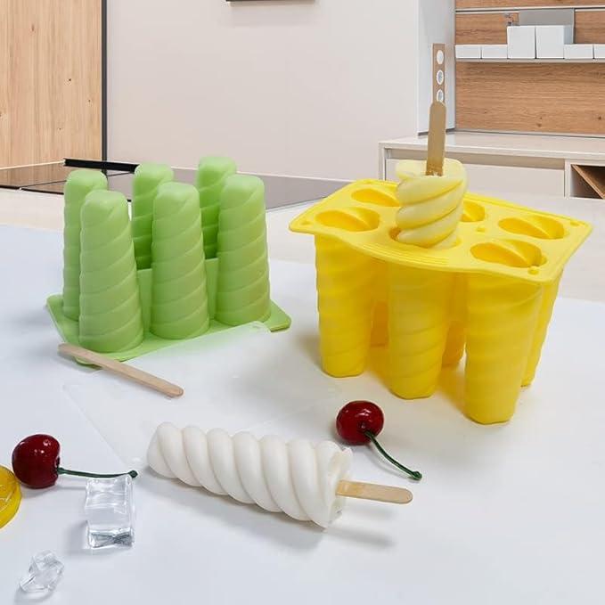 6 in 1 Silicone Ice Popsicle Mold + FREE 50PCs Ice Cream Wooden Sticks, Reusable Ice Cream Molds Cute Fruit Popsicle Candy Maker Ice Popsicle Maker Ice Cream Maker Homemade & Commercial Use, BPA Free