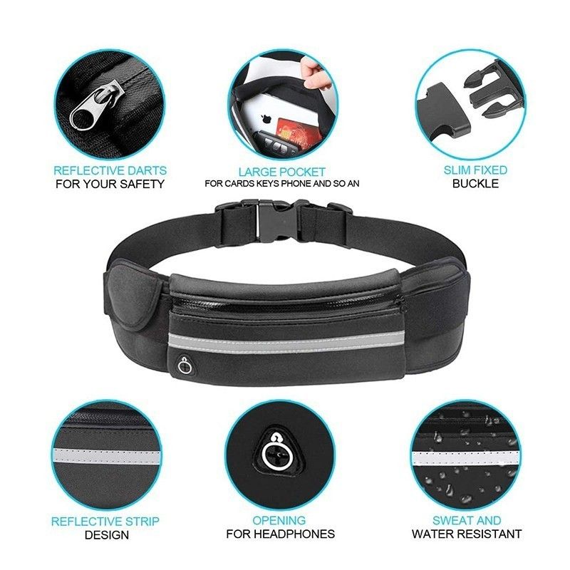 Adjustable Sports Waist Bag Belt With Water Bottle Holder, Earphones Holder, Phone Holder, Safety Reflector Waterproof Gym Bag For Cycling, Jogging, Hiking & Running Bag Phone Pouch/ Sports Bag-Unisex