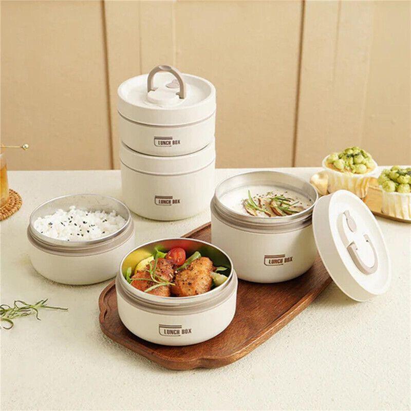 600ml Thermal Lunch Box Large Capacity Stainless Steel, Airtight Bento Lunchbox Double Layer,Leak-proof,Insulated, Microwave Safe, Meal Prep Food Container/ Soup Bowl/ Mini Hotpot  for Kids and Adults