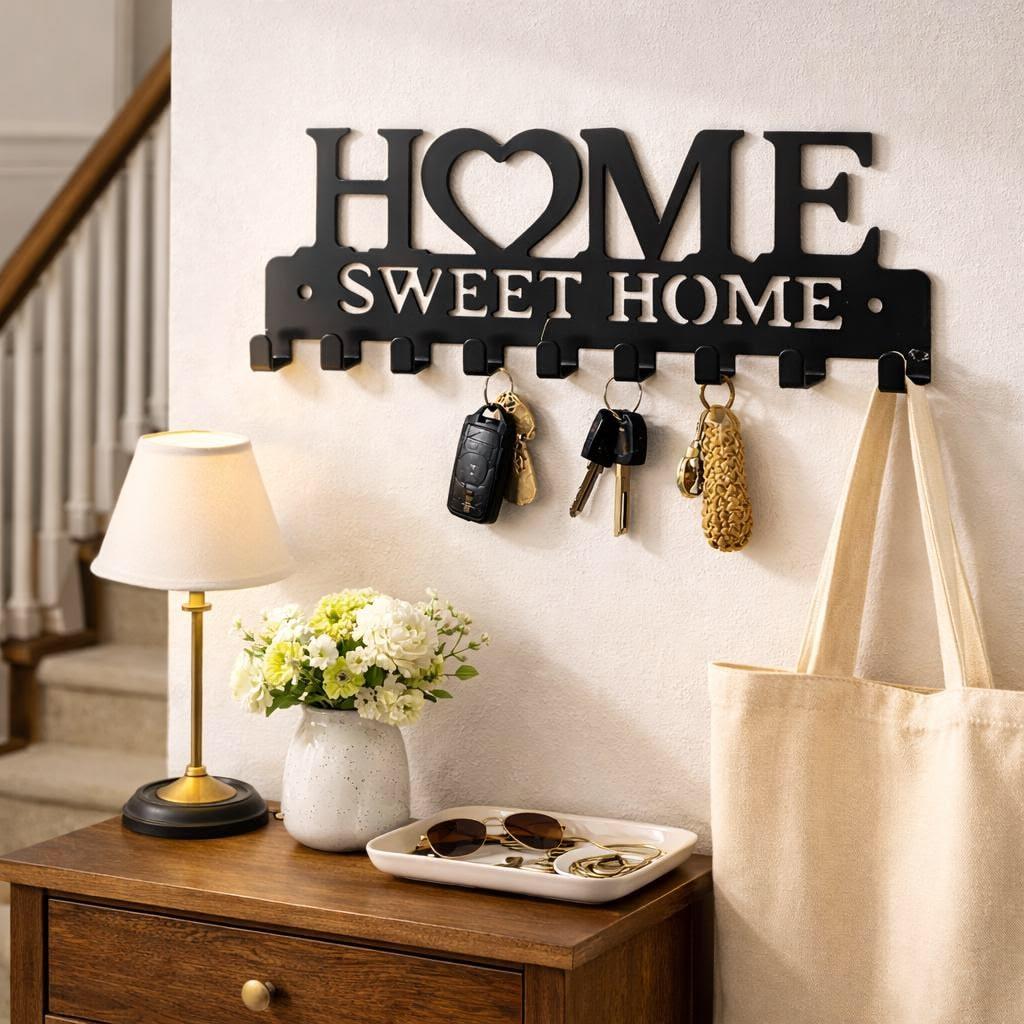 Home Sweet Home Metal Key Holder with 10 Hooks Wall Decoration Wall Mount Key Organizer with Mounting Screws for Entryway, Front Door, Kitchen, Hallway, Garage, Office, Mudroom Home Decoration
