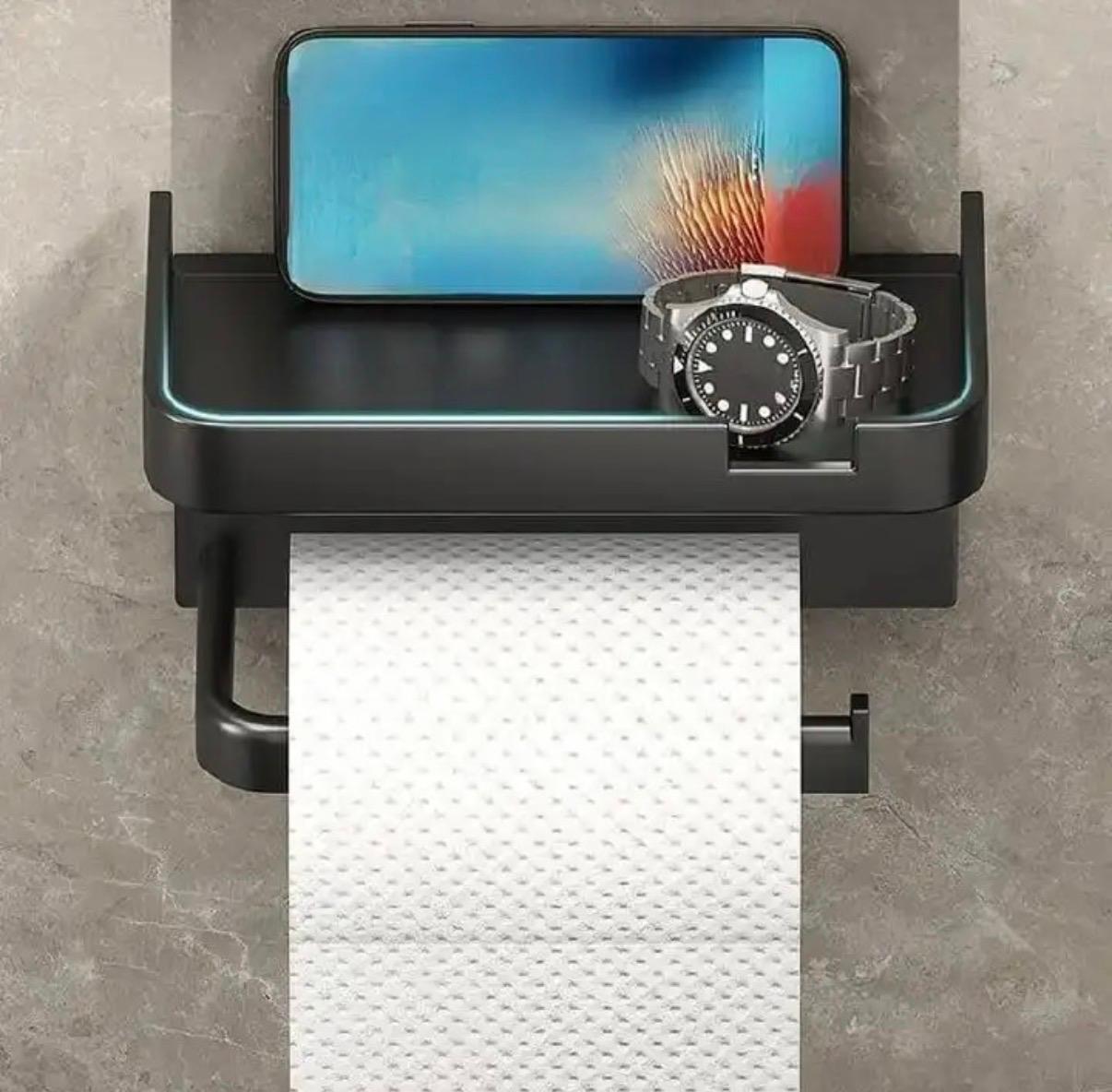 No Drill Toilet Paper Holder with Shelf, Self Adhesive Tissue Holder Phone Holder Wall Mounted Towel Paper Roll Holder Storage Rack Waterproof Tissue Box Holder for Bathroom Washroom Home Decoration