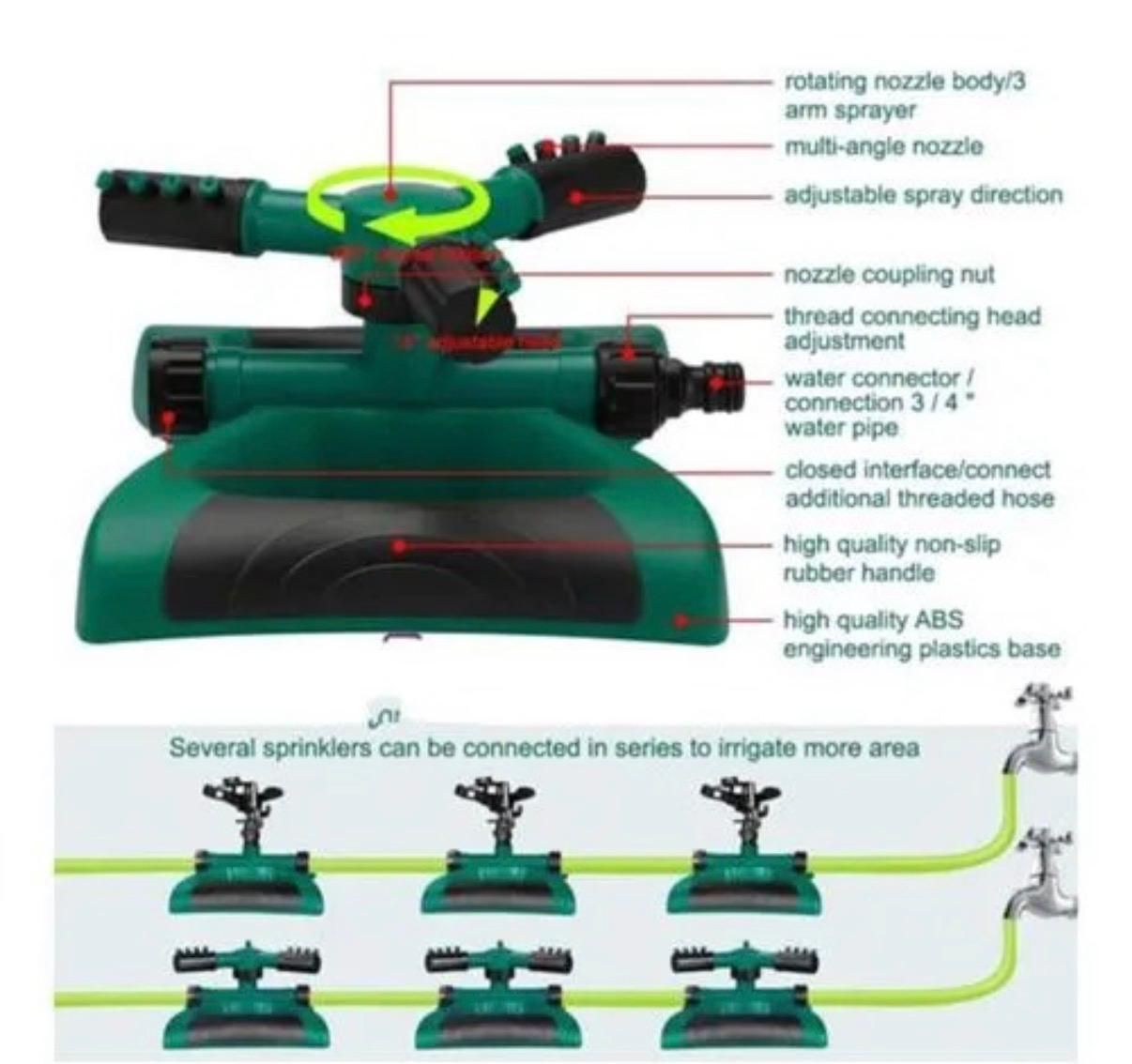 360 Degrees Automatic Rotating Garden Sprinkler Adjustable 3 Nozzles Water Saving Atomizing Garden Irrigation Yard Lawn Spray Head