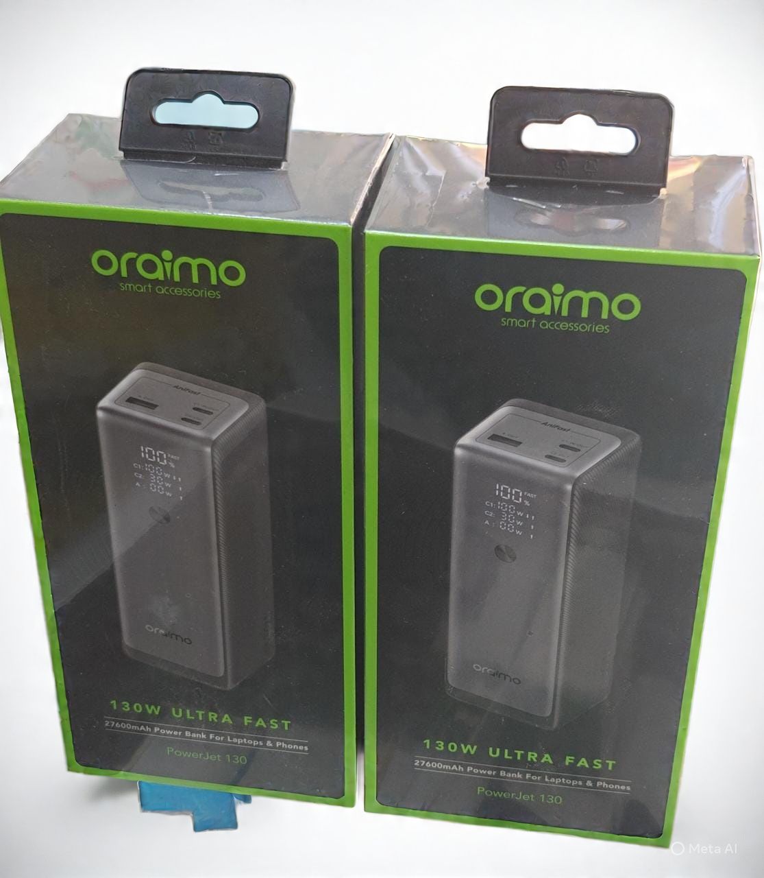 👌FAST CHARGING👌oraimo PowerJet 130 27600mAh 130W Power Bank.Capacity/Energy: 27600mAh/99.3Wh

Input (TYPE-C1)：5V 3A;9V 3A;12V 3A;15V 3A;20V 5A(100W Max) 

Output(TYPE-C1)：5V 3A;9V 3A;12V 3A;15V 3A;2